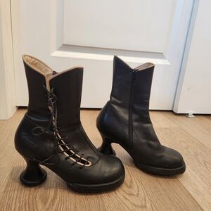 John Fluevog Mini-Lover Black Leather Victorian Lace-Up Side Heel Ankle Boots